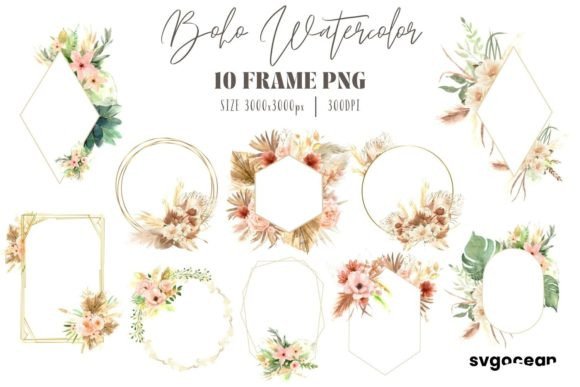 Download Boho Flowers Watercolor Frame Bundle - Flowers Collection